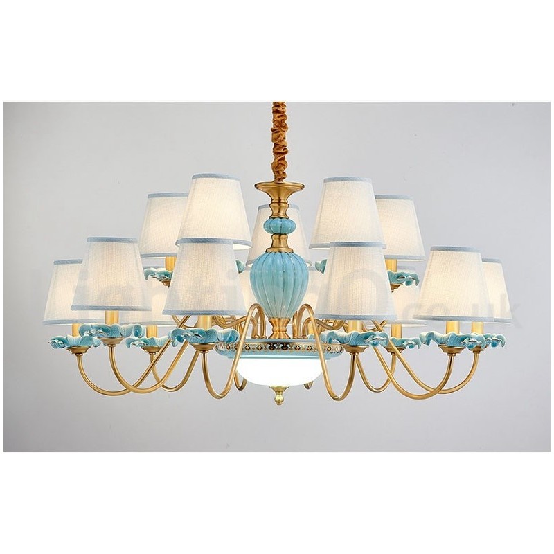 Lustre suspendu rétro vintage en laiton et céramique avec abat-jour en tissu bleu