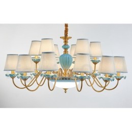 Lustre suspendu rétro vintage en laiton et céramique avec abat-jour en tissu bleu