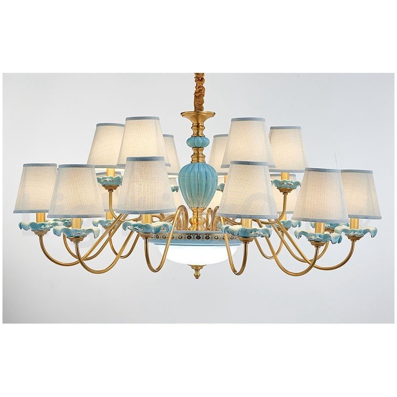 Lustre suspendu rétro vintage en laiton et céramique avec abat-jour en tissu bleu