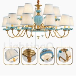Lustre suspendu rétro vintage en laiton et céramique avec abat-jour en tissu bleu