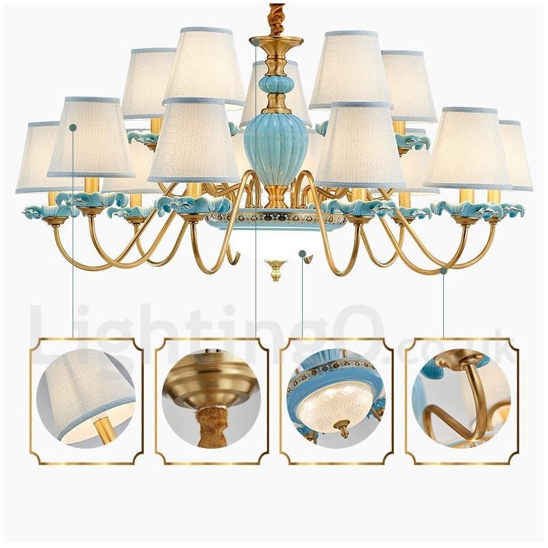 Lustre suspendu rétro vintage en laiton et céramique avec abat-jour en tissu bleu