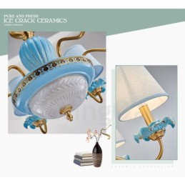 Lustre suspendu rétro vintage en laiton et céramique avec abat-jour en tissu bleu