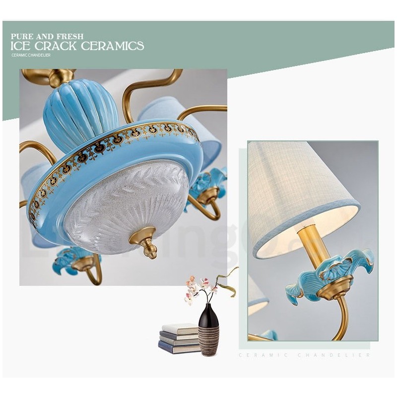 Lustre suspendu rétro vintage en laiton et céramique avec abat-jour en tissu bleu