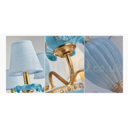 Lustre suspendu rétro vintage en laiton et céramique avec abat-jour en tissu bleu