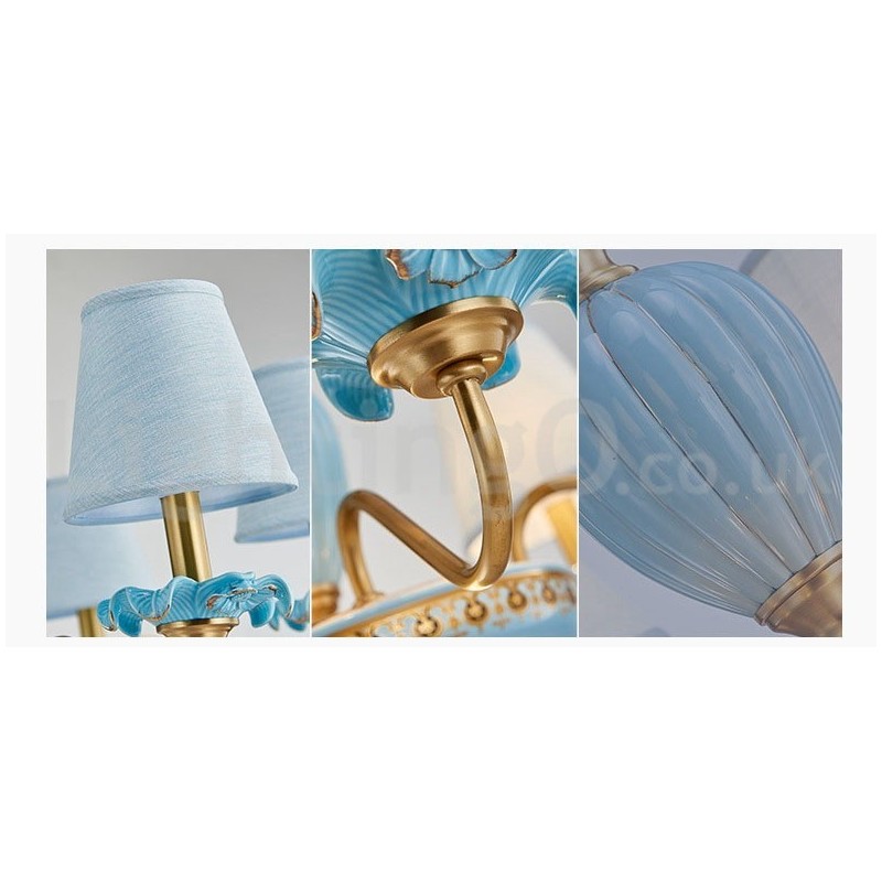 Lustre suspendu rétro vintage en laiton et céramique avec abat-jour en tissu bleu