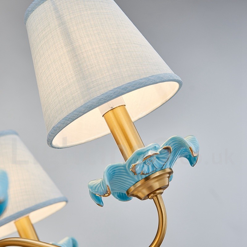 Lustre suspendu rétro vintage en laiton et céramique avec abat-jour en tissu bleu