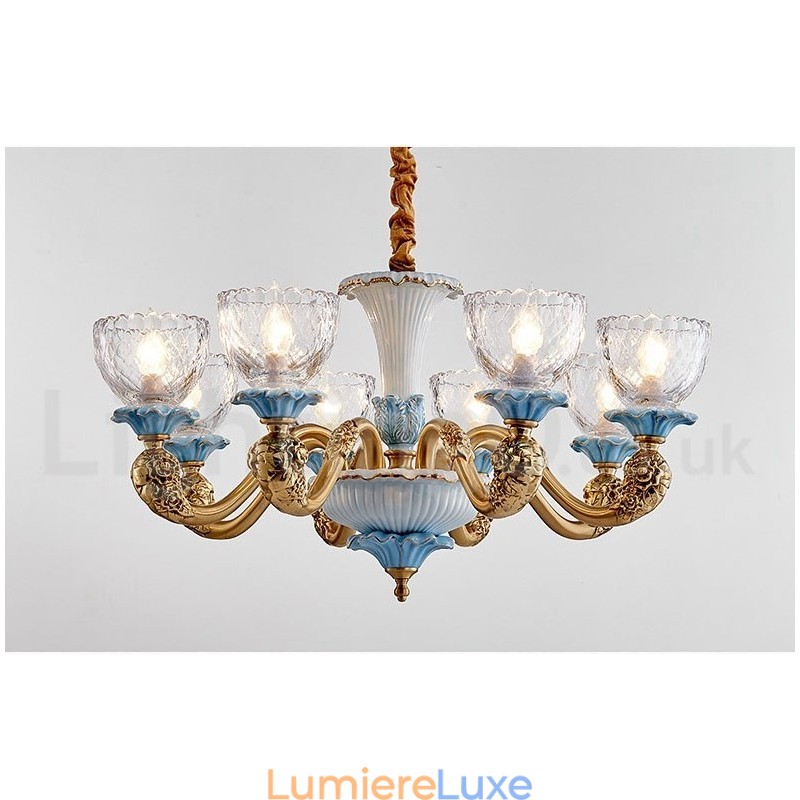 Lustre rétro vintage en laiton et céramique avec abat-jour en verre