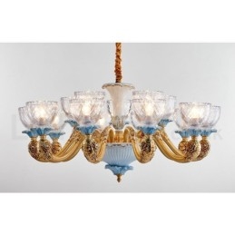 Lustre rétro vintage en laiton et céramique avec abat-jour en verre