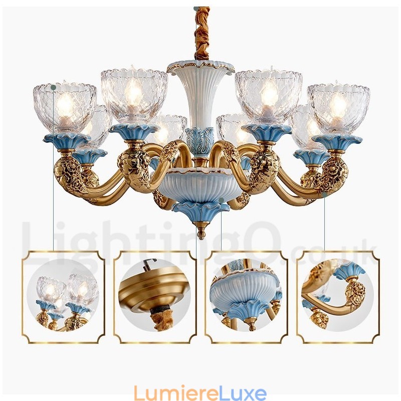 Lustre rétro vintage en laiton et céramique avec abat-jour en verre