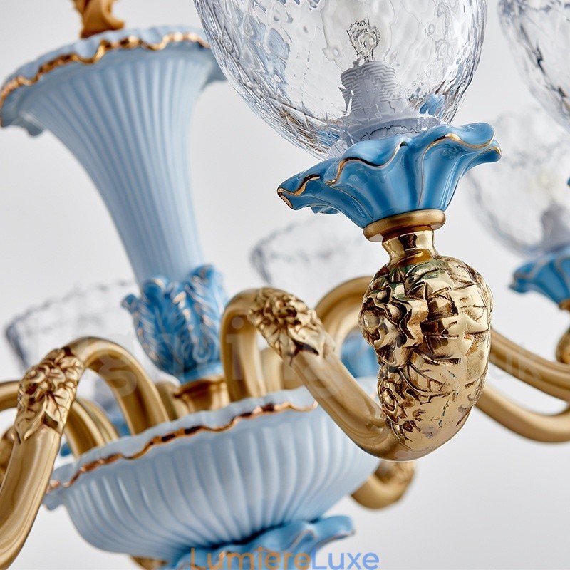 Lustre rétro vintage en laiton et céramique avec abat-jour en verre