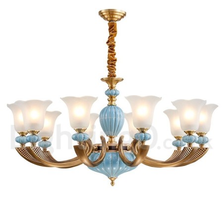 Lustre rétro vintage en laiton et céramique avec abat-jour en verre Lustre rétro vintage en laiton et céramique avec abat-jour en verre