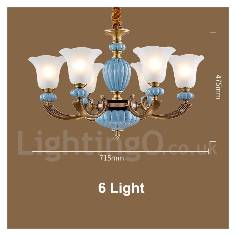 Lustre rétro vintage en laiton et céramique avec abat-jour en verre