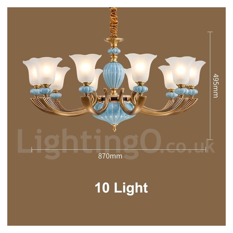 Lustre rétro vintage en laiton et céramique avec abat-jour en verre