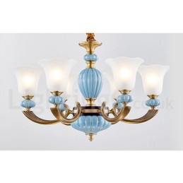Lustre rétro vintage en laiton et céramique avec abat-jour en verre