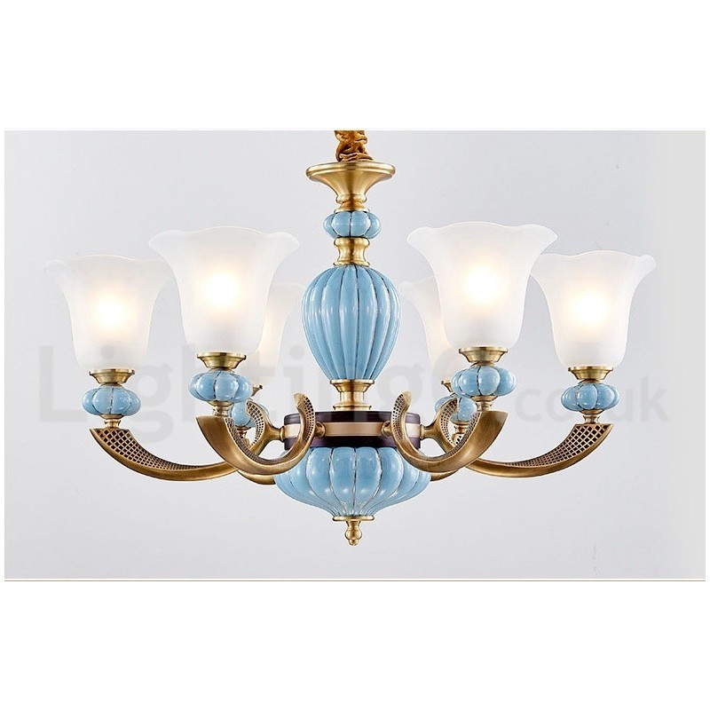 Lustre rétro vintage en laiton et céramique avec abat-jour en verre