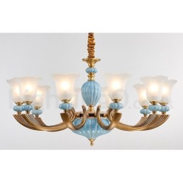 Lustre rétro vintage en laiton et céramique avec abat-jour en verre