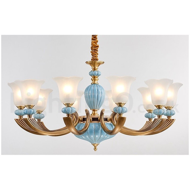 Lustre rétro vintage en laiton et céramique avec abat-jour en verre