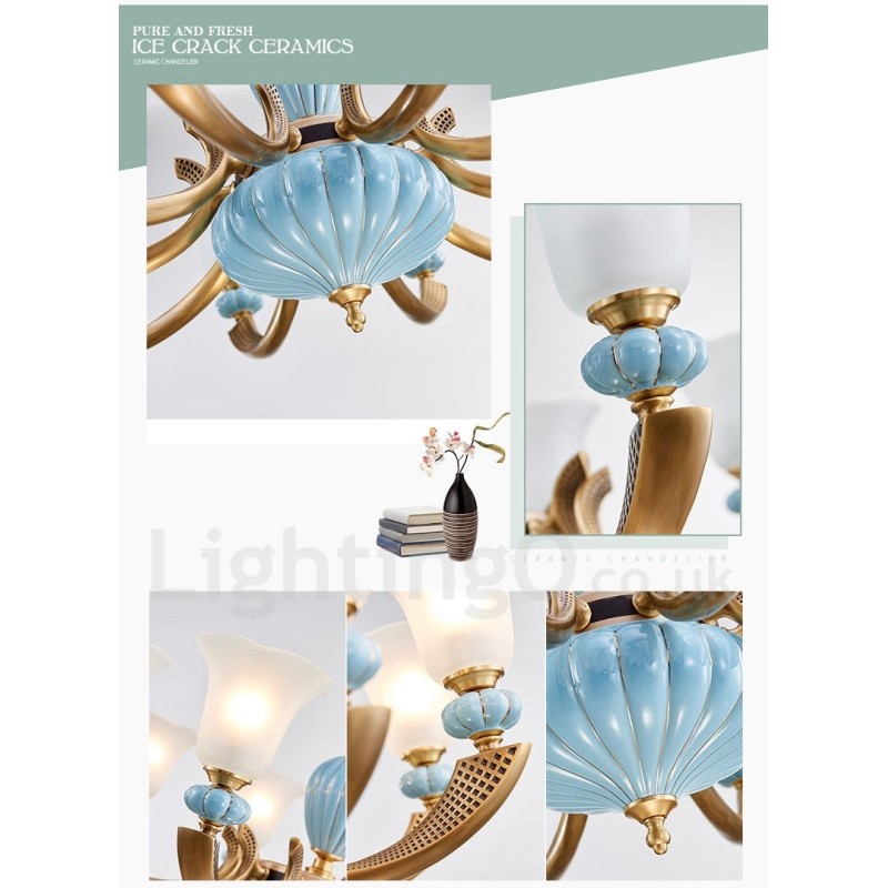 Lustre rétro vintage en laiton et céramique avec abat-jour en verre