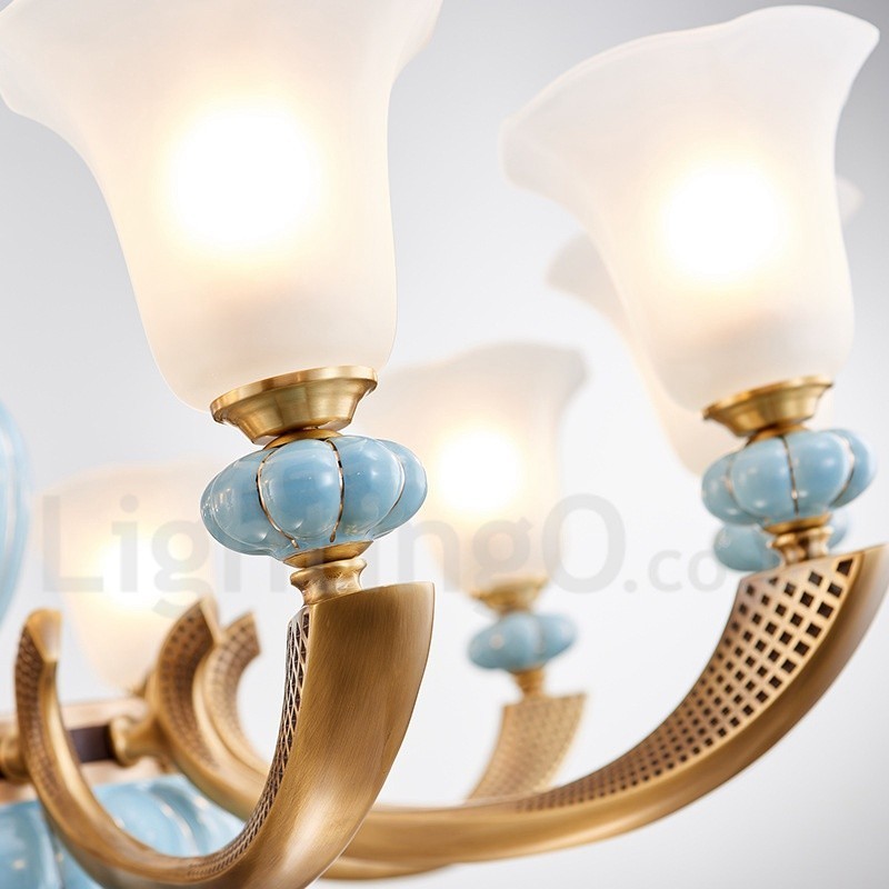 Lustre rétro vintage en laiton et céramique avec abat-jour en verre