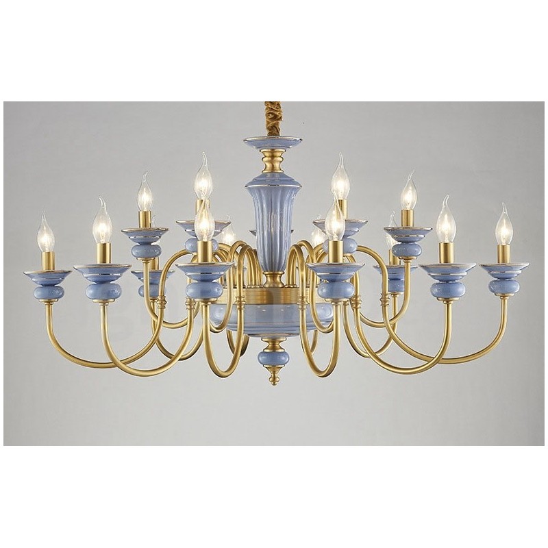 Lustre à bougie suspendu rétro vintage en laiton et céramique