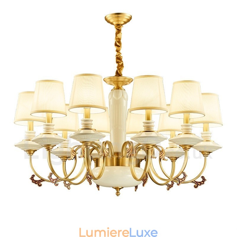 Lustre suspendu rétro vintage en laiton et céramique avec abat-jour en tissu