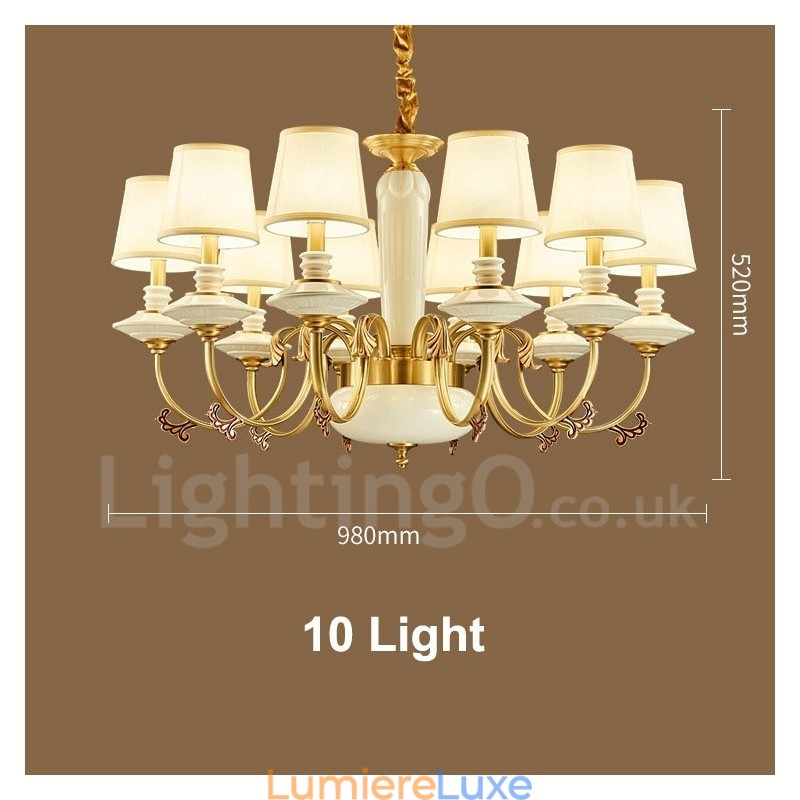 Lustre suspendu rétro vintage en laiton et céramique avec abat-jour en tissu