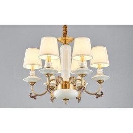 Lustre suspendu rétro vintage en laiton et céramique avec abat-jour en tissu