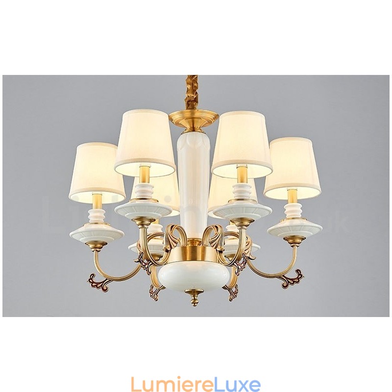 Lustre suspendu rétro vintage en laiton et céramique avec abat-jour en tissu
