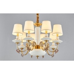 Lustre suspendu rétro vintage en laiton et céramique avec abat-jour en tissu