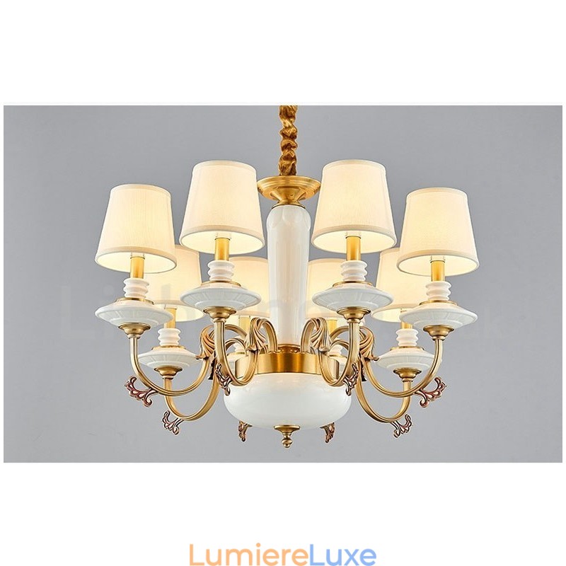 Lustre suspendu rétro vintage en laiton et céramique avec abat-jour en tissu