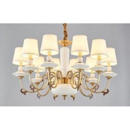 Lustre suspendu rétro vintage en laiton et céramique avec abat-jour en tissu