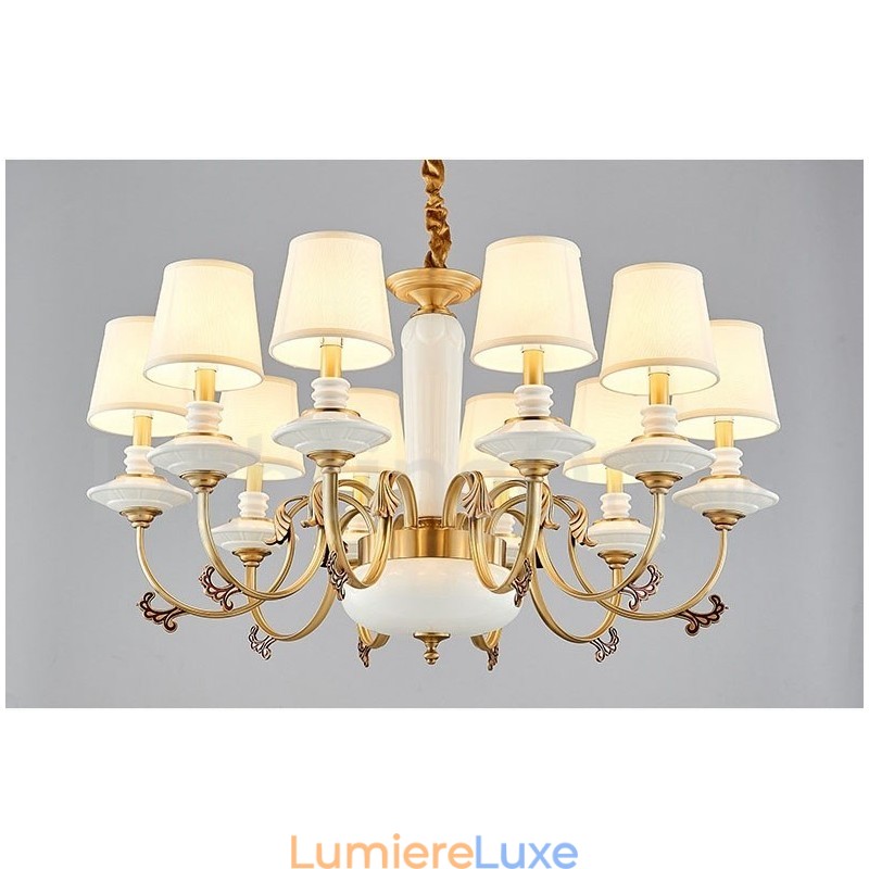 Lustre suspendu rétro vintage en laiton et céramique avec abat-jour en tissu