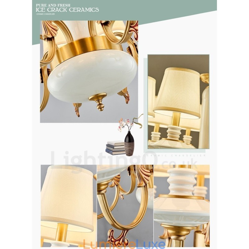 Lustre suspendu rétro vintage en laiton et céramique avec abat-jour en tissu