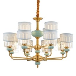 Lustre suspendu luxueux en laiton pur, rustique, rétro, vintage, en céramique, avec abat-jour en tissu et cristal