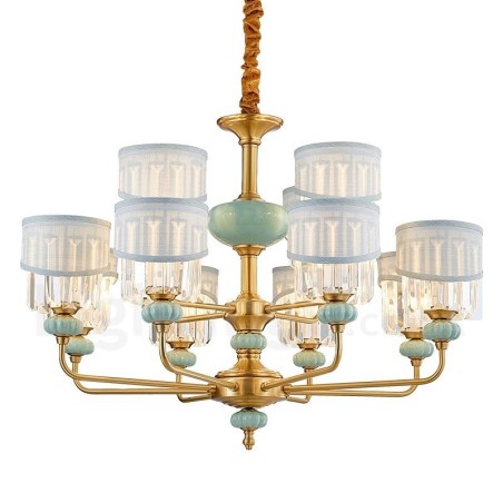 Lustre suspendu luxueux en laiton pur, rustique, rétro, vintage, en céramique, avec abat-jour en tissu et cristal Lustre suspendu luxueux en laiton pur, rustique, rétro, vintage, en céramique, avec abat-jour en tissu et cristal