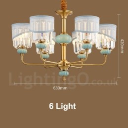 Lustre suspendu luxueux en laiton pur, rustique, rétro, vintage, en céramique, avec abat-jour en tissu et cristal