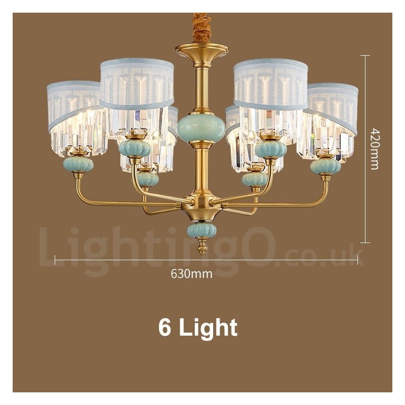 Lustre suspendu luxueux en laiton pur, rustique, rétro, vintage, en céramique, avec abat-jour en tissu et cristal