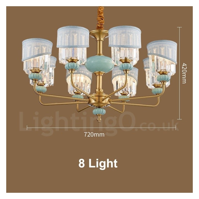 Lustre suspendu luxueux en laiton pur, rustique, rétro, vintage, en céramique, avec abat-jour en tissu et cristal