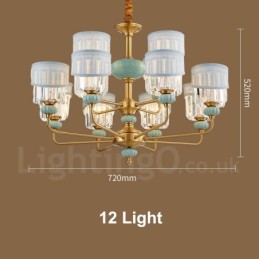 Lustre suspendu luxueux en laiton pur, rustique, rétro, vintage, en céramique, avec abat-jour en tissu et cristal