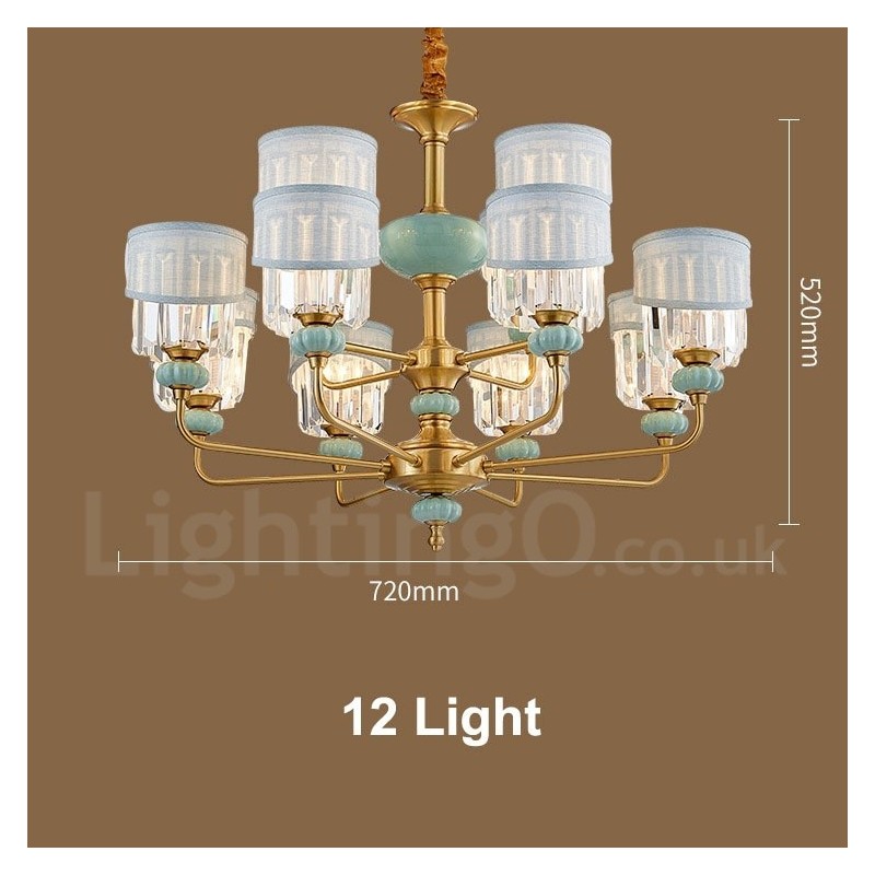 Lustre suspendu luxueux en laiton pur, rustique, rétro, vintage, en céramique, avec abat-jour en tissu et cristal