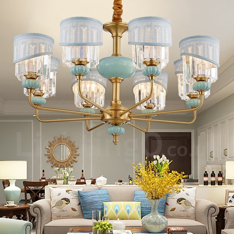 Lustre suspendu luxueux en laiton pur, rustique, rétro, vintage, en céramique, avec abat-jour en tissu et cristal