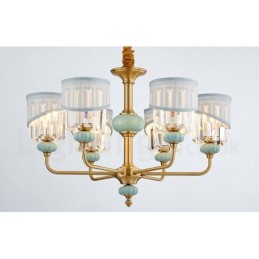 Lustre suspendu luxueux en laiton pur, rustique, rétro, vintage, en céramique, avec abat-jour en tissu et cristal