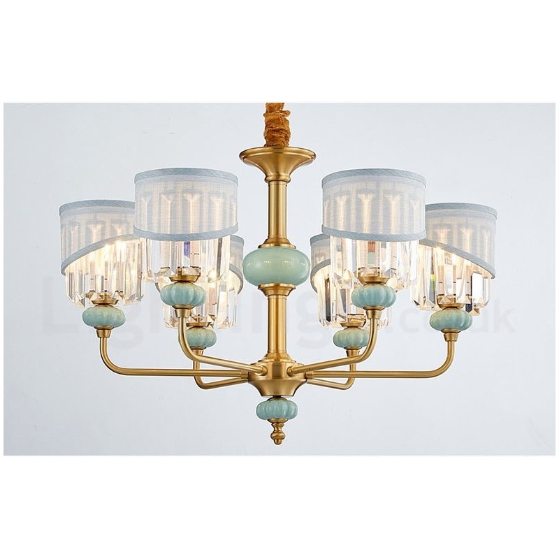 Lustre suspendu luxueux en laiton pur, rustique, rétro, vintage, en céramique, avec abat-jour en tissu et cristal