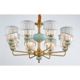 Lustre suspendu luxueux en laiton pur, rustique, rétro, vintage, en céramique, avec abat-jour en tissu et cristal