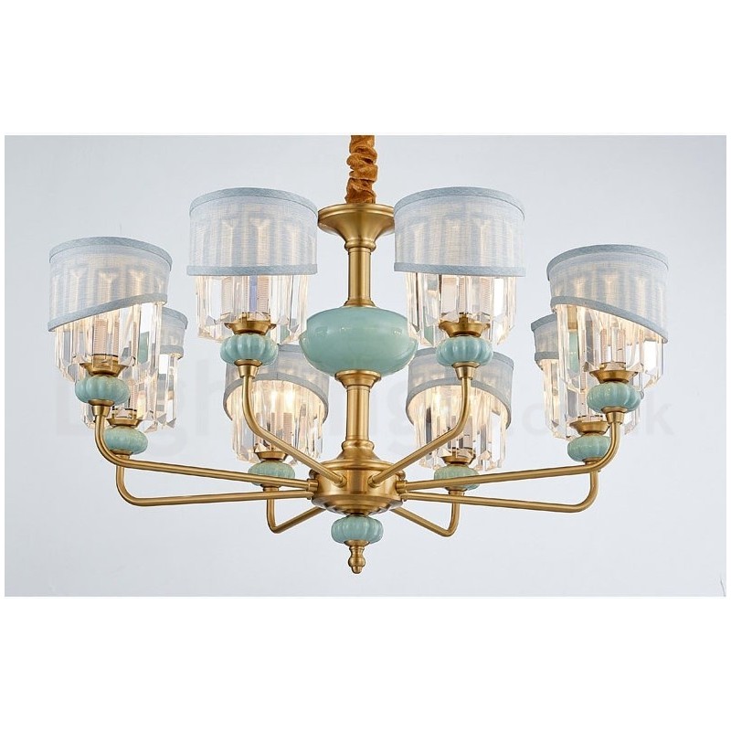 Lustre suspendu luxueux en laiton pur, rustique, rétro, vintage, en céramique, avec abat-jour en tissu et cristal