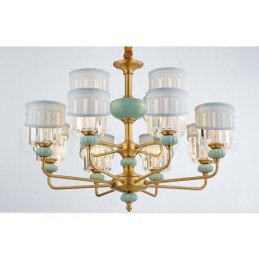 Lustre suspendu luxueux en laiton pur, rustique, rétro, vintage, en céramique, avec abat-jour en tissu et cristal