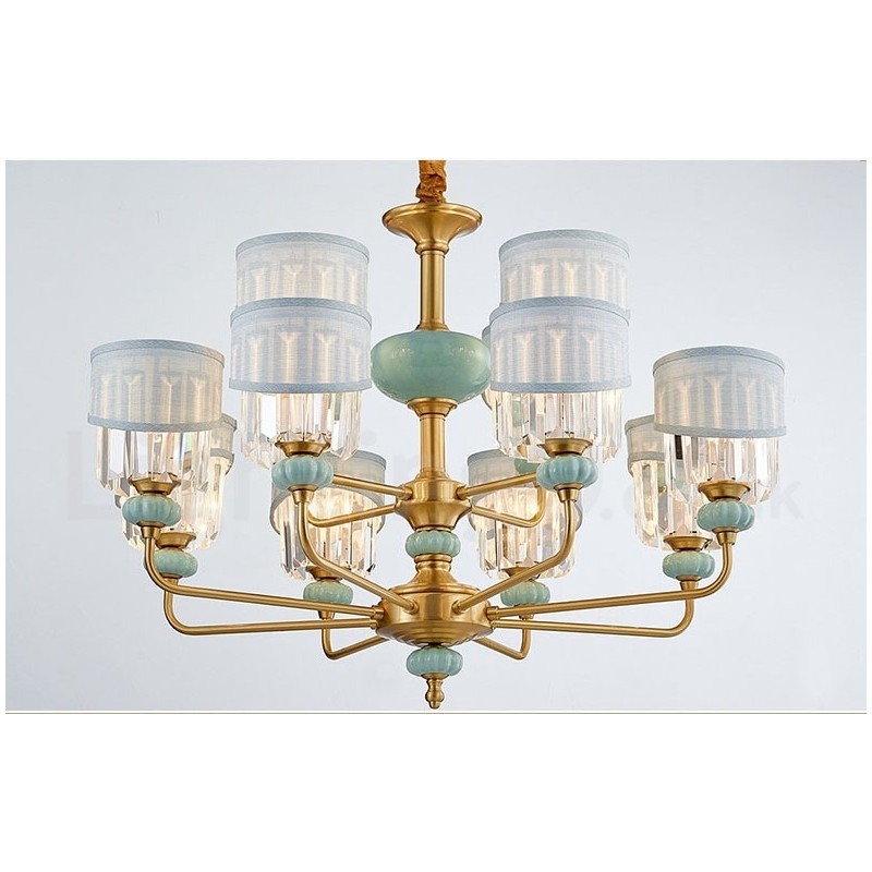 Lustre suspendu luxueux en laiton pur, rustique, rétro, vintage, en céramique, avec abat-jour en tissu et cristal