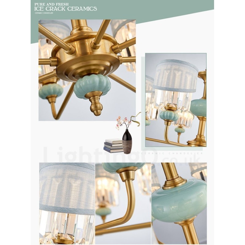 Lustre suspendu luxueux en laiton pur, rustique, rétro, vintage, en céramique, avec abat-jour en tissu et cristal
