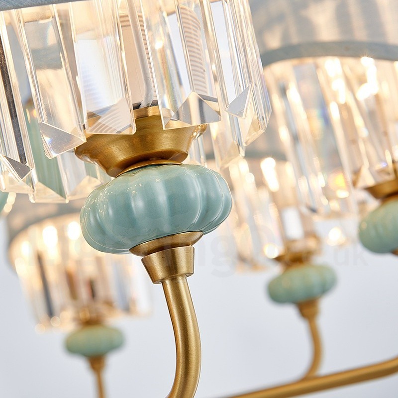 Lustre suspendu luxueux en laiton pur, rustique, rétro, vintage, en céramique, avec abat-jour en tissu et cristal