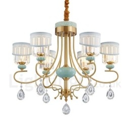 Lustre suspendu luxueux en laiton pur, rustique, rétro, vintage, en céramique, avec abat-jour en tissu et cristal